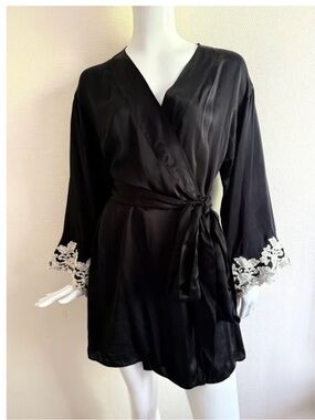 La Perla Black Silk Wrap Robe with White Lace Cuffs